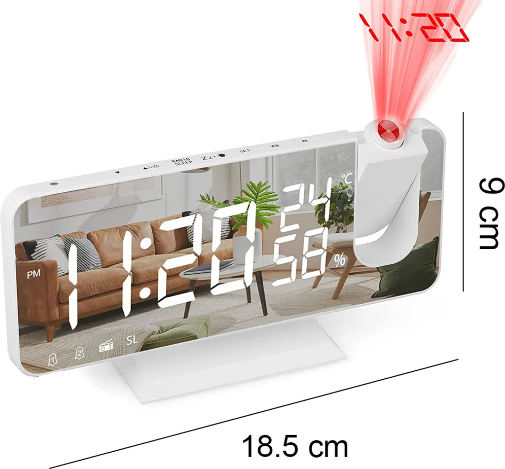 Projektionswecker Für Schlafzimmer Decke Digitaler Wecker Radio Mit USB-Ladeanschlüssen, 7,3 Zoll Großer LED-Bildschirm-Wecker, 4 Dimmer, Dual-Wecker Mit 2 Tönen, Schlummerfunktion, Weiß,White - Image 4