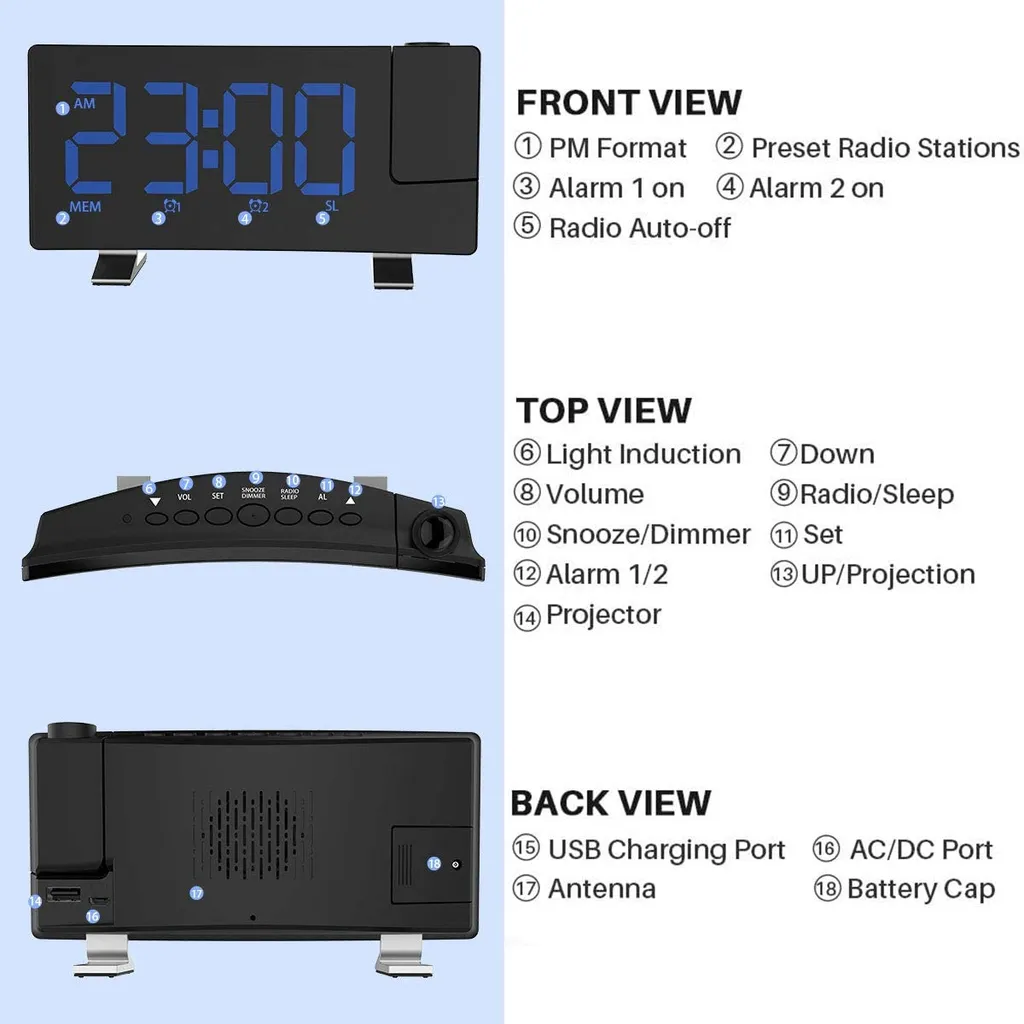 Projektionswecker, Wecker Digital Mit Projektion, Radiowecker Mit USB-Anschluss, Dual-Alarm, 5 Alarmtöne Mit 3 Lautstärke, 0-100% Helligkeitsdimmer, 4 Projektionshelligkeit, 30 FM Radio - Image 3
