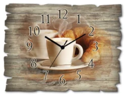 ARTland Holz Wanduhr Funkuhr - Schwarzer Zeiger Dampfender Cappuccino Und Croissant Größe: 40x30 Cm