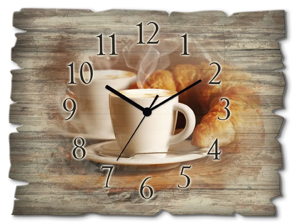 ARTland Holz Wanduhr Funkuhr - Schwarzer Zeiger Dampfender Cappuccino Und Croissant Größe: 40x30 Cm