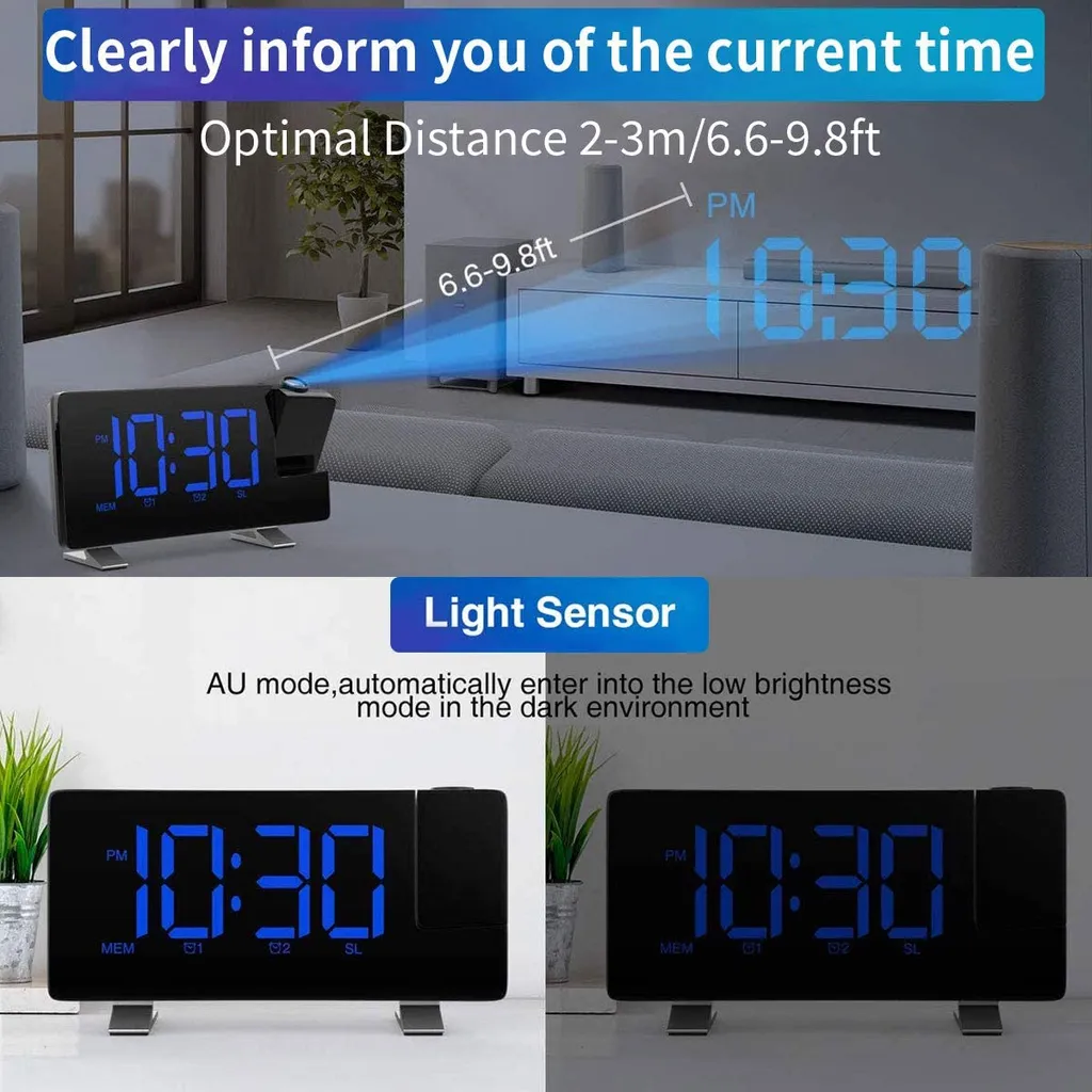 Projektionswecker, Wecker Digital Mit Projektion, Radiowecker Mit USB-Anschluss, Dual-Alarm, 5 Alarmtöne Mit 3 Lautstärke, 0-100% Helligkeitsdimmer, 4 Projektionshelligkeit, 30 FM Radio - Image 4