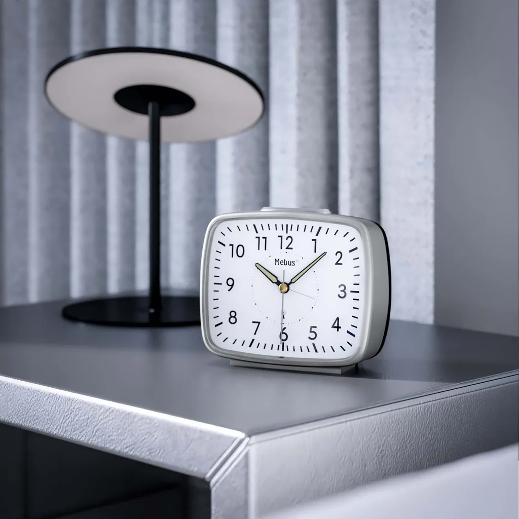 Mebus Funk-Wecker Im Retro-Design / Wecker Stellt Sich Automatisch Auf Sommer Und Winter-Zeit Ein, Designklassiker / Farbe: Silbergrau / Modell: 25362 - Image 7