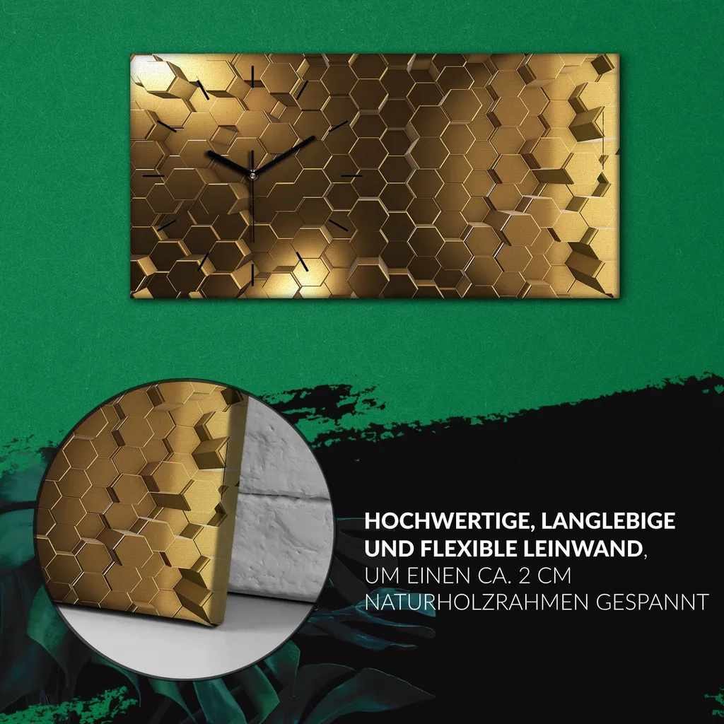 Küchenuhr Bürouhr Leinwand Uhr Geräuschlos 60x30 Abstrakte Kunst Hexagone - Schwarze Hände - Image 5