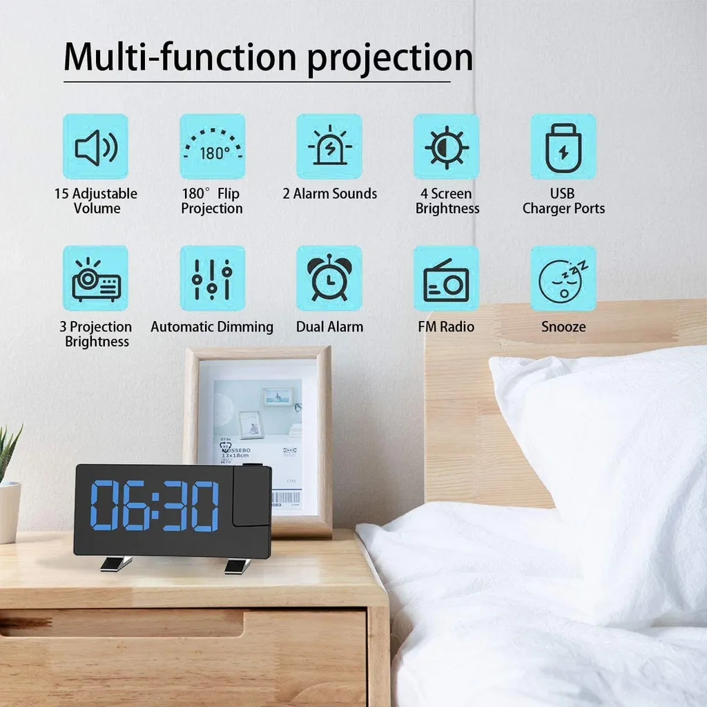 Projektionswecker, Wecker Digital Mit Projektion, Radiowecker Mit USB-Anschluss, Dual-Alarm, 5 Alarmtöne Mit 3 Lautstärke, 0-100% Helligkeitsdimmer, 4 Projektionshelligkeit, 30 FM Radio - Image 2