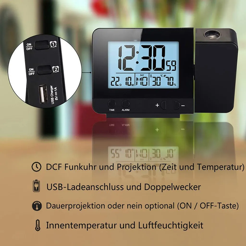 Projektionswecker Für Schlafzimmer, Digitaler Wecker Mit Großer LED-Anzeige Und Dimmer, 180 °Projektor, USB-Ladegerät, 12/24 H, Sommerzeit, Schlummer, Schreibtischwand-Deckenuhr Für ältere Kinder - Image 7