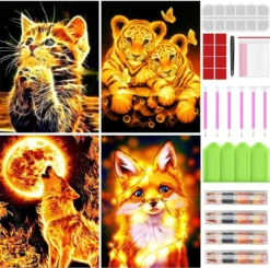 Diamond Painting Set, 4er Tiere Diamond Painting Katze Tiger Fuchs Wolf Bilder Mit Diamond Painting Zubehör (30x40cm)