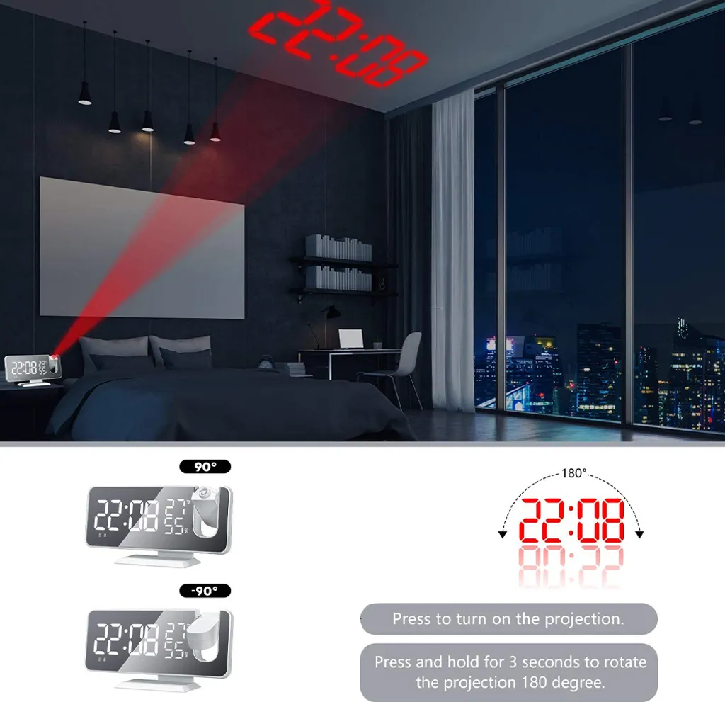 Projektionswecker Für Schlafzimmer Decke Digitaler Wecker Radio Mit USB-Ladeanschlüssen, 7,3 Zoll Großer LED-Bildschirm-Wecker, 4 Dimmer, Dual-Wecker Mit 2 Tönen, Schlummerfunktion, Weiß,White - Image 3