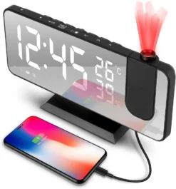 Projektionswecker, Led Digital Wecker Mit Projektion 180 °, Radiowecker Mit USB-Anschluss Großem LED-Anzeige Snooze Dual-Alarm, 4 Projektionshelligkeit Mit Automatischem Dimmer, 32FM Radio