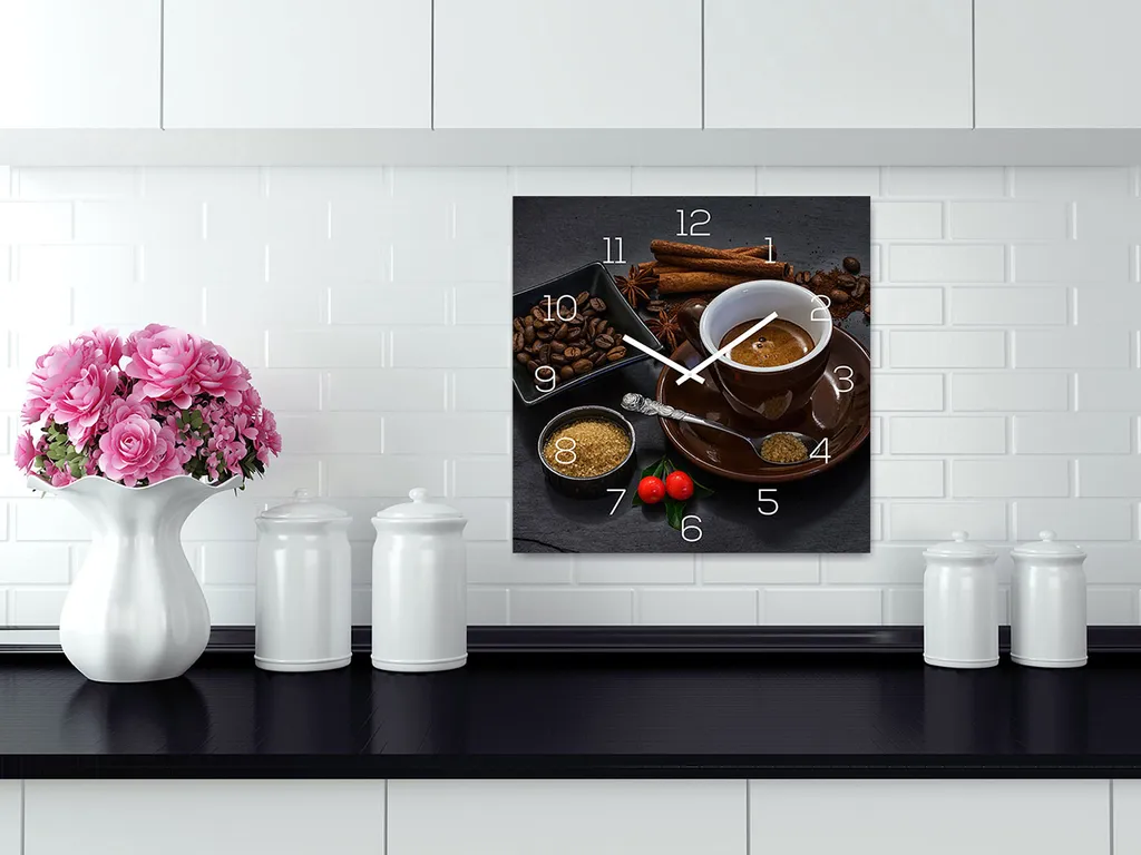 Wanduhr Glas 30x30cm Kaffee Braun Glasuhr Uhr Glasbild Küche Deko Coffee Cafe - Image 2
