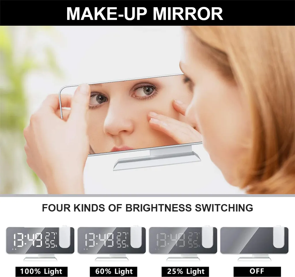 Projektionswecker Für Schlafzimmer Decke Digitaler Wecker Radio Mit USB-Ladeanschlüssen, 7,3 Zoll Großer LED-Bildschirm-Wecker, 4 Dimmer, Dual-Wecker Mit 2 Tönen, Schlummerfunktion, Weiß,White - Image 7