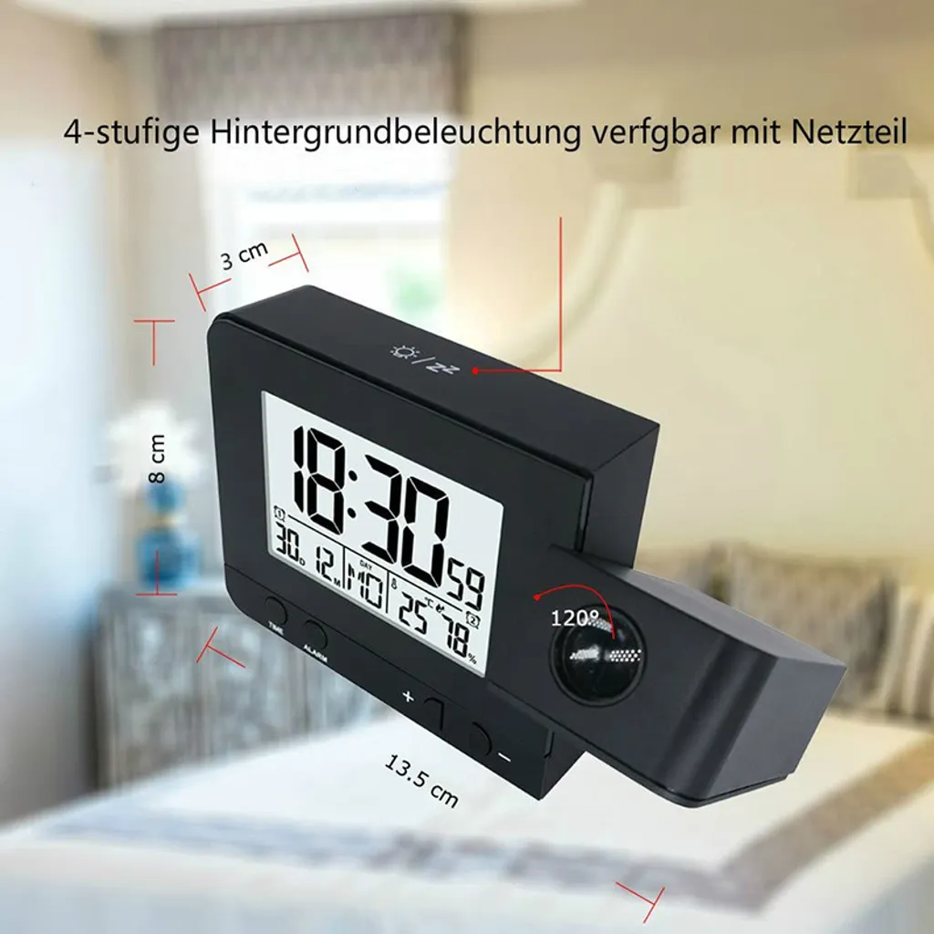 Projektionswecker Für Schlafzimmer, Digitaler Wecker Mit Großer LED-Anzeige Und Dimmer, 180 °Projektor, USB-Ladegerät, 12/24 H, Sommerzeit, Schlummer, Schreibtischwand-Deckenuhr Für ältere Kinder - Image 5