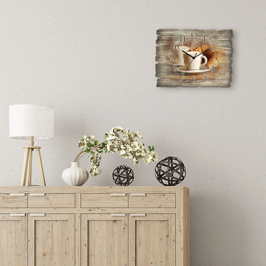 ARTland Holz Wanduhr Funkuhr - Schwarzer Zeiger Dampfender Cappuccino Und Croissant Größe: 40x30 Cm - Image 3
