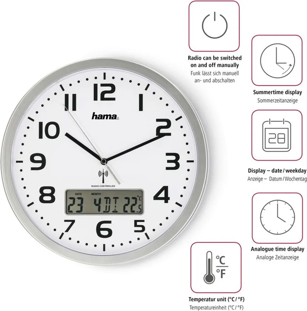 Hama Funkuhr Extra 00186333 Datum Temperatur Silber - Image 3
