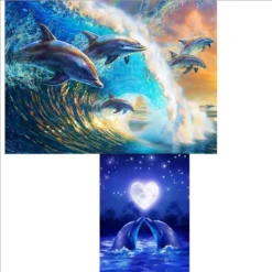 2 Pcs 5D Diamond Painting Diamant Malerei Painting Bilder, Blau Delphin Kuss Meer Mond Tiere Full Set Groß DIY Diamant Gemälde Malen Nach Zahlen 40X30Cm