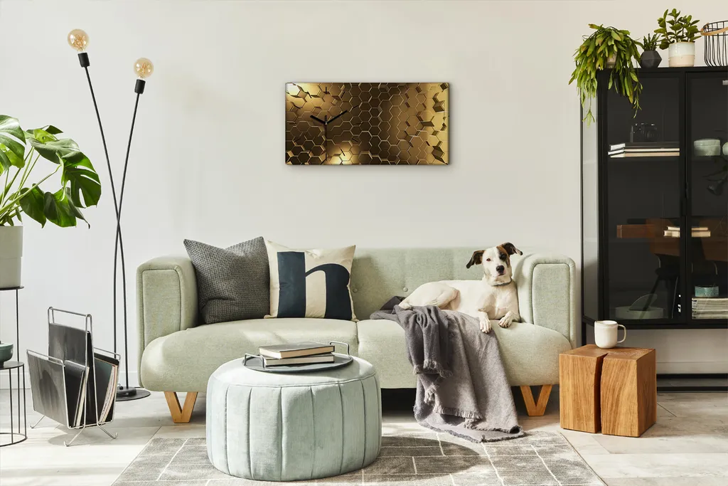 Küchenuhr Bürouhr Leinwand Uhr Geräuschlos 60x30 Abstrakte Kunst Hexagone - Schwarze Hände - Image 4