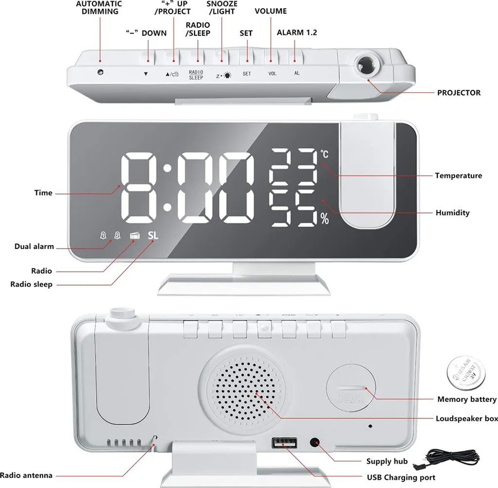 Projektionswecker Für Schlafzimmer Decke Digitaler Wecker Radio Mit USB-Ladeanschlüssen, 7,3 Zoll Großer LED-Bildschirm-Wecker, 4 Dimmer, Dual-Wecker Mit 2 Tönen, Schlummerfunktion, Weiß,White - Image 6