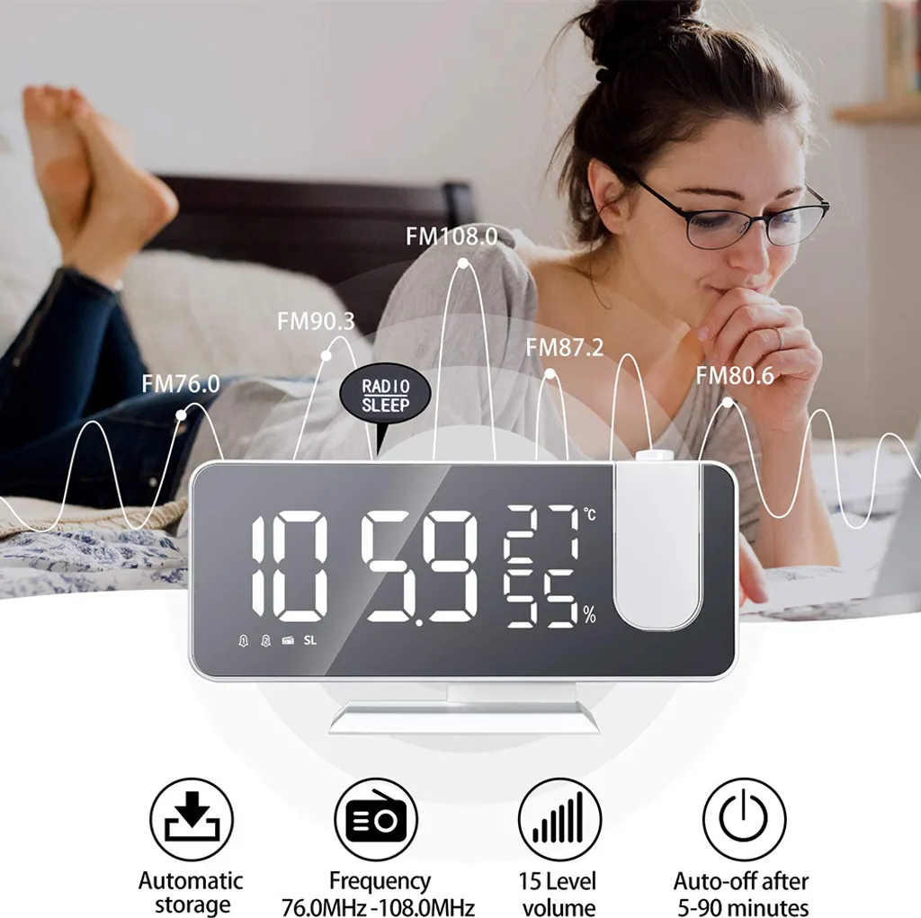 Projektionswecker Für Schlafzimmer Decke Digitaler Wecker Radio Mit USB-Ladeanschlüssen, 7,3 Zoll Großer LED-Bildschirm-Wecker, 4 Dimmer, Dual-Wecker Mit 2 Tönen, Schlummerfunktion, Weiß,White - Image 5