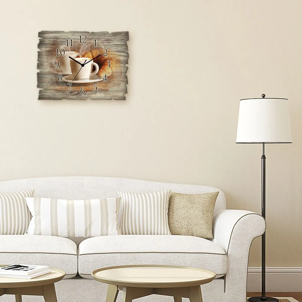 ARTland Holz Wanduhr Funkuhr - Schwarzer Zeiger Dampfender Cappuccino Und Croissant Größe: 40x30 Cm - Image 2