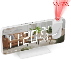 Projektionswecker Für Schlafzimmer Decke Digitaler Wecker Radio Mit USB-Ladeanschlüssen, 7,3 Zoll Großer LED-Bildschirm-Wecker, 4 Dimmer, Dual-Wecker Mit 2 Tönen, Schlummerfunktion, Weiß,White