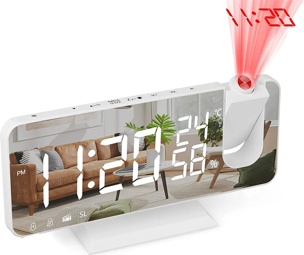 Projektionswecker Für Schlafzimmer Decke Digitaler Wecker Radio Mit USB-Ladeanschlüssen, 7,3 Zoll Großer LED-Bildschirm-Wecker, 4 Dimmer, Dual-Wecker Mit 2 Tönen, Schlummerfunktion, Weiß,White