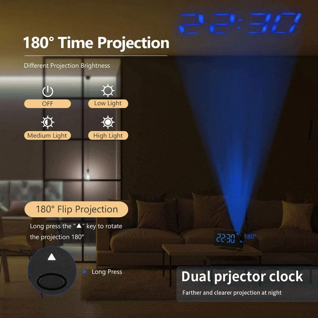 Projektionswecker, Wecker Digital Mit Projektion, Radiowecker Mit USB-Anschluss, Dual-Alarm, 5 Alarmtöne Mit 3 Lautstärke, 0-100% Helligkeitsdimmer, 4 Projektionshelligkeit, 30 FM Radio - Image 6