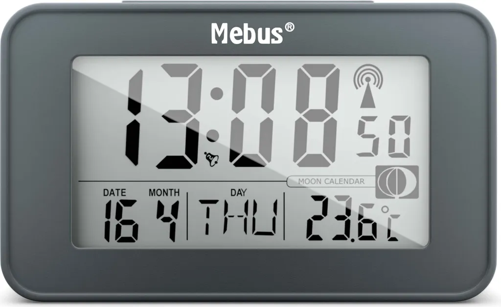 Mebus Digitaler Funkwecker Mit Mondkalender, Beleuchtung, Innenthermometer, 2 Weckzeiten, Schlummer-Funktion