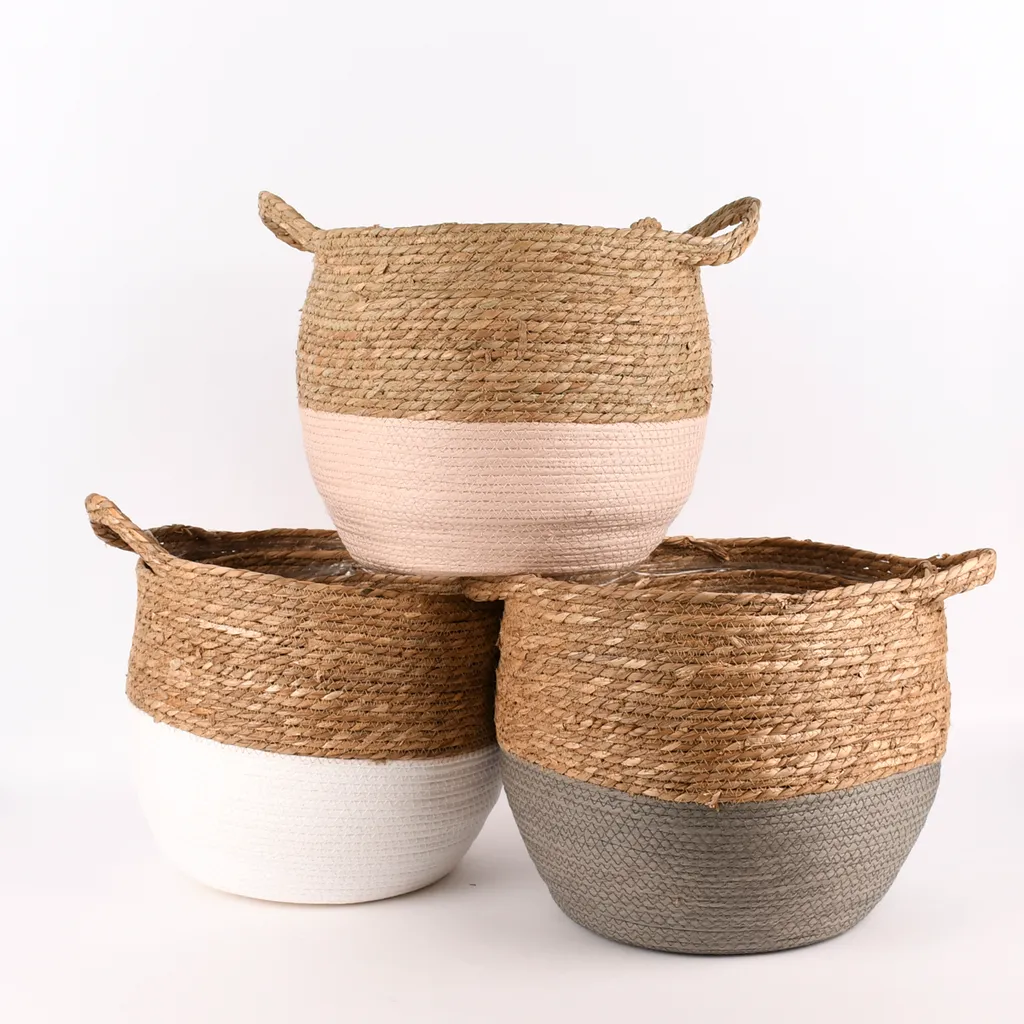 Korb Aus Seegras Zweifarbig Rund Mit Henkeln Natur Weiß Verschiedene Größen, Motiv/Größe:Mittel - Image 8