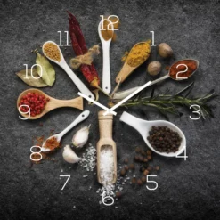 Wanduhr Glas 30x30cm Uhr Glasbild Gewürze Küche Kräuter Wanddeko Glasuhr
