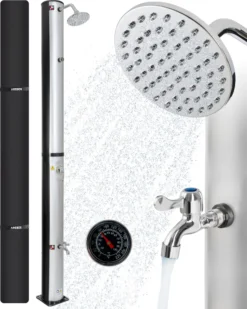 AREBOS Solardusche 40 Liter, Inklusive Abdeckhaube, Mit Integriertem Thermometer, Mit Fußdusche, Mit Gartenschlauch-Anschluss, Silber-Schwarz