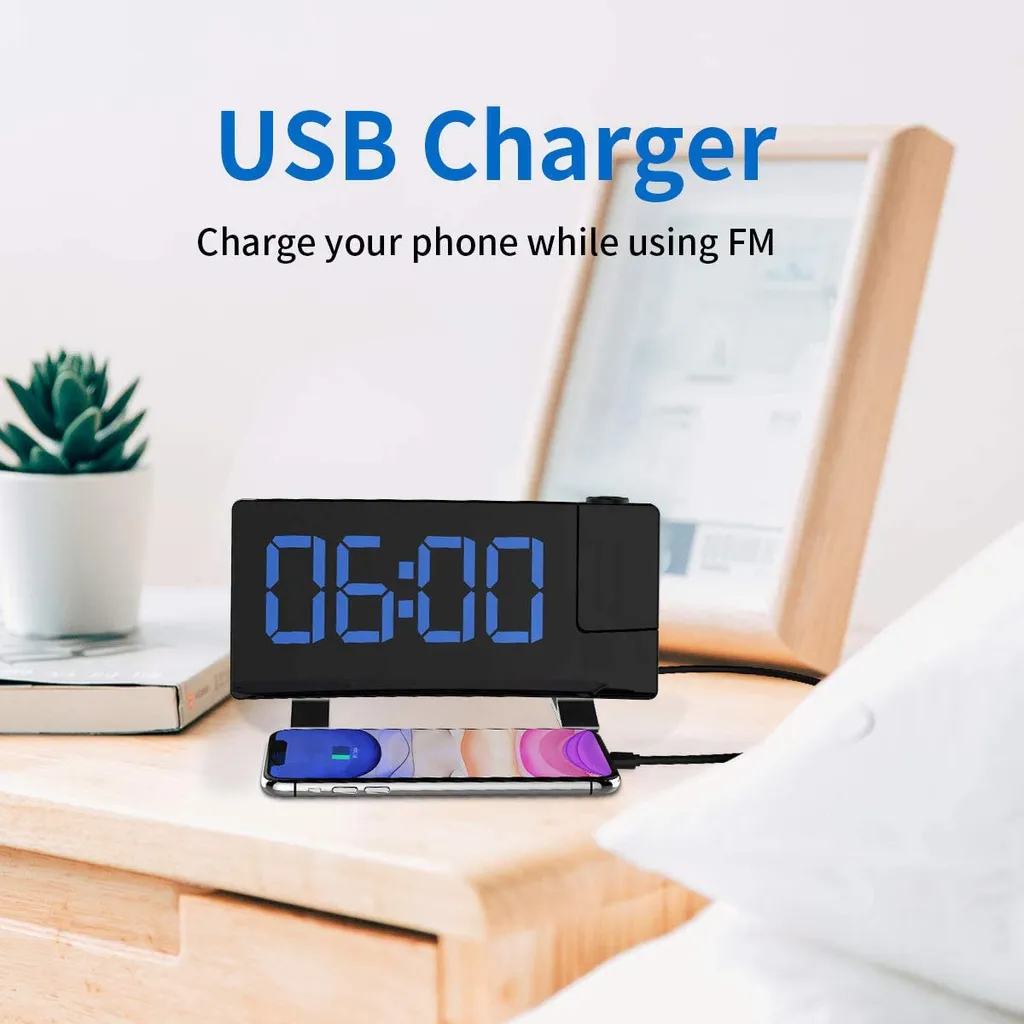 Projektionswecker, Wecker Digital Mit Projektion, Radiowecker Mit USB-Anschluss, Dual-Alarm, 5 Alarmtöne Mit 3 Lautstärke, 0-100% Helligkeitsdimmer, 4 Projektionshelligkeit, 30 FM Radio - Image 7