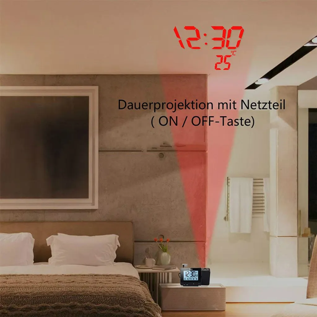 Projektionswecker Für Schlafzimmer, Digitaler Wecker Mit Großer LED-Anzeige Und Dimmer, 180 °Projektor, USB-Ladegerät, 12/24 H, Sommerzeit, Schlummer, Schreibtischwand-Deckenuhr Für ältere Kinder - Image 6