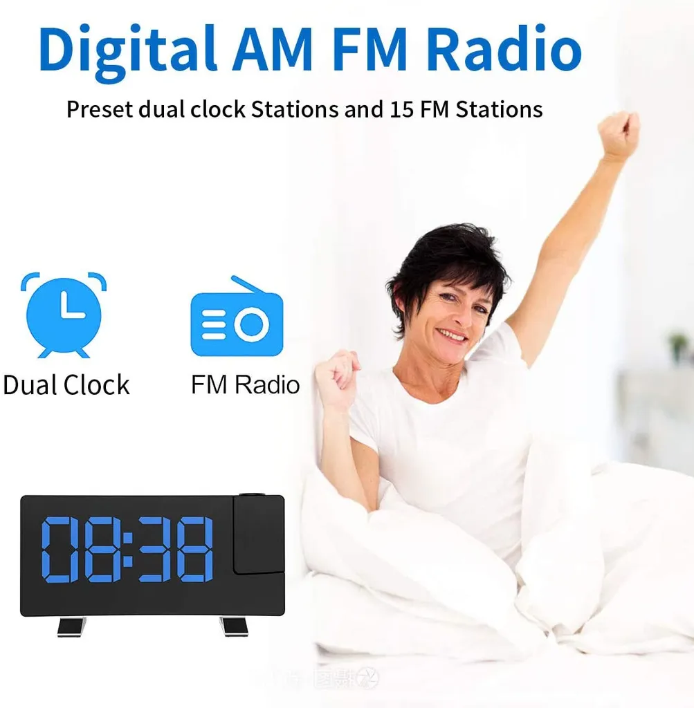 Projektionswecker, Wecker Digital Mit Projektion, Radiowecker Mit USB-Anschluss, Dual-Alarm, 5 Alarmtöne Mit 3 Lautstärke, 0-100% Helligkeitsdimmer, 4 Projektionshelligkeit, 30 FM Radio - Image 5