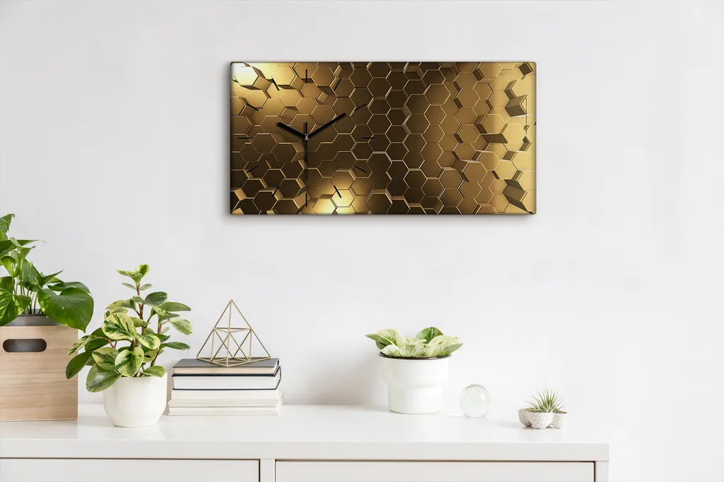 Küchenuhr Bürouhr Leinwand Uhr Geräuschlos 60x30 Abstrakte Kunst Hexagone - Schwarze Hände - Image 3