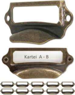 'FUXXER® - 10x Etiketten-Fenster Griffe, Messing Antik Optik, Für Schränke, Kartei-Kasten, 90 X 40 Mm'