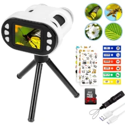 Mikroskop Kinder Mit Teleskop, Fernglas Kinder Kamera 1080P 8X Digitaler Zoom 2" LCD Bildschirm Kompatibel Windows Mac PC Digital Mikroskop Science Kit Für Anfänger Kinder 6 8 10 Jahre (Weiß)